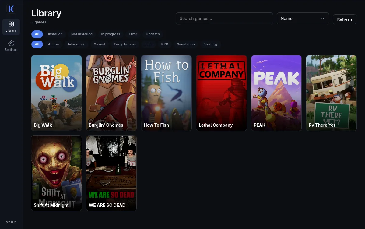 Kermo Launcher showing the game library
